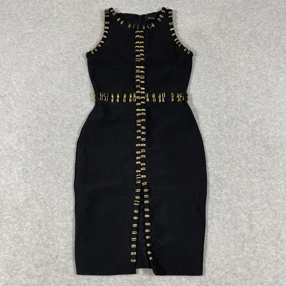 Bandage Bodycon Dress Womens 6 Black Gold Trim Cutout Cocktail Party MAAC London